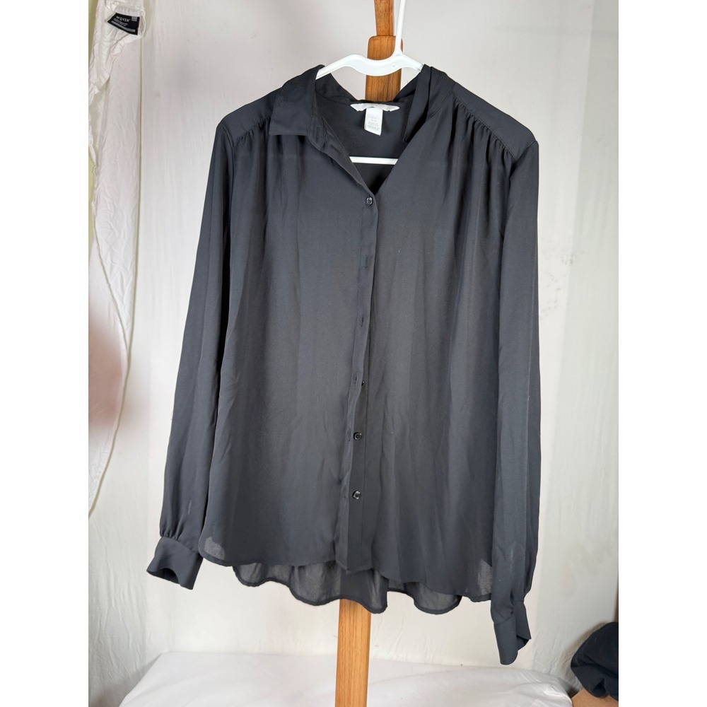 HM Women Black Sheer Button Down Blouse Long Sleeve Collared‎ Shirt Medium